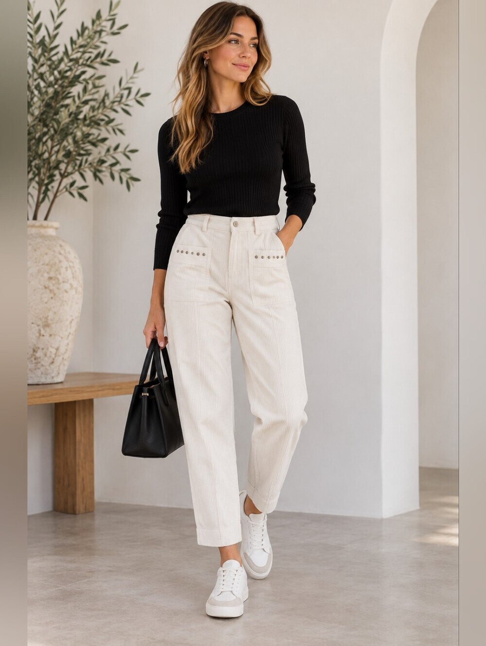 Maje White Corduroy Studded Pocket Pants Size 38